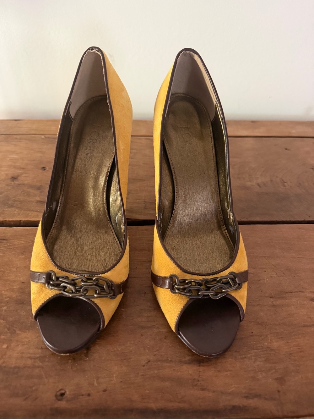 Women's Yellow velvet Peep-Toe Heels with Chain Detail